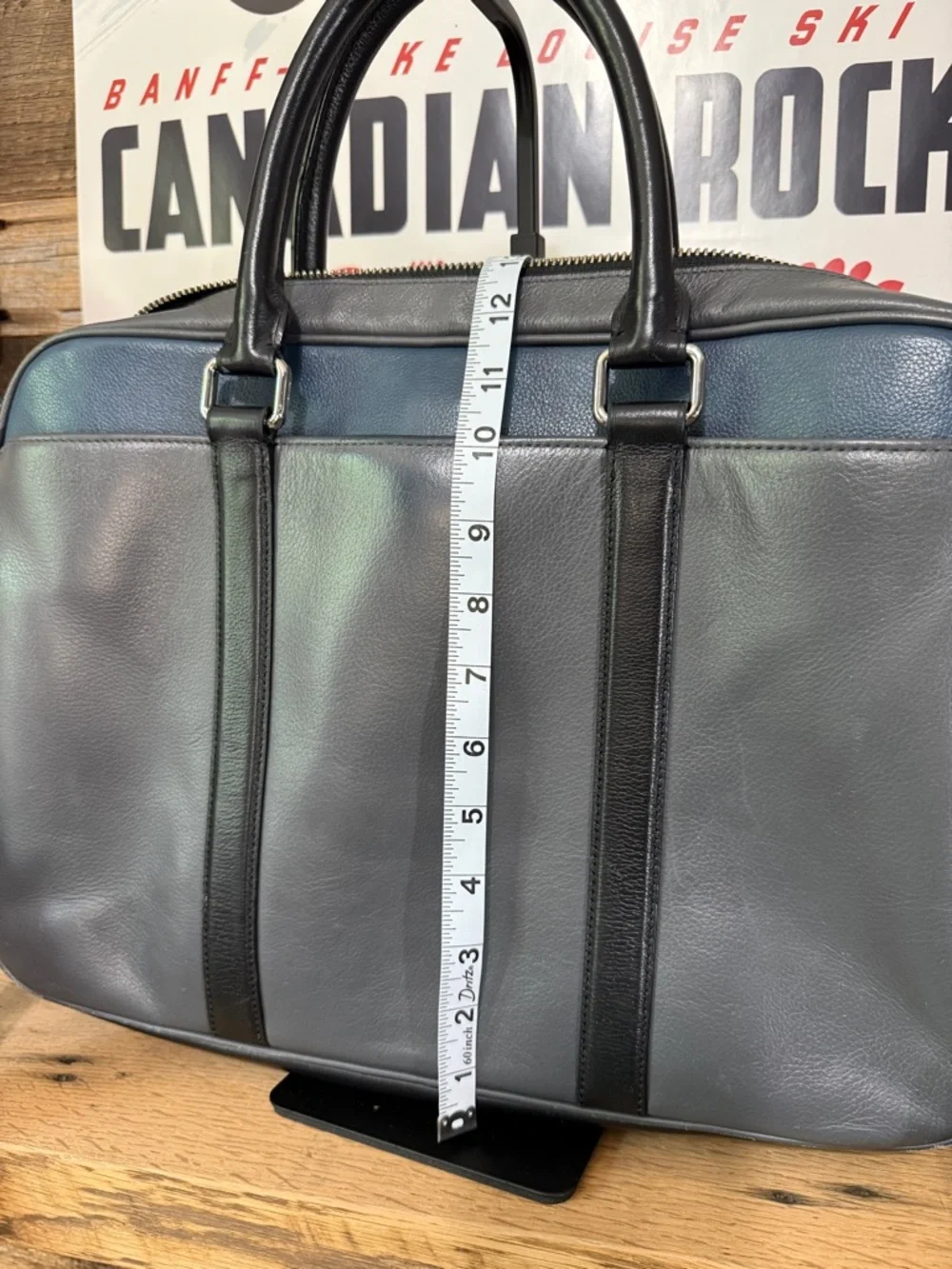 Coach Gray Leather Brief Bag with Blue Trim